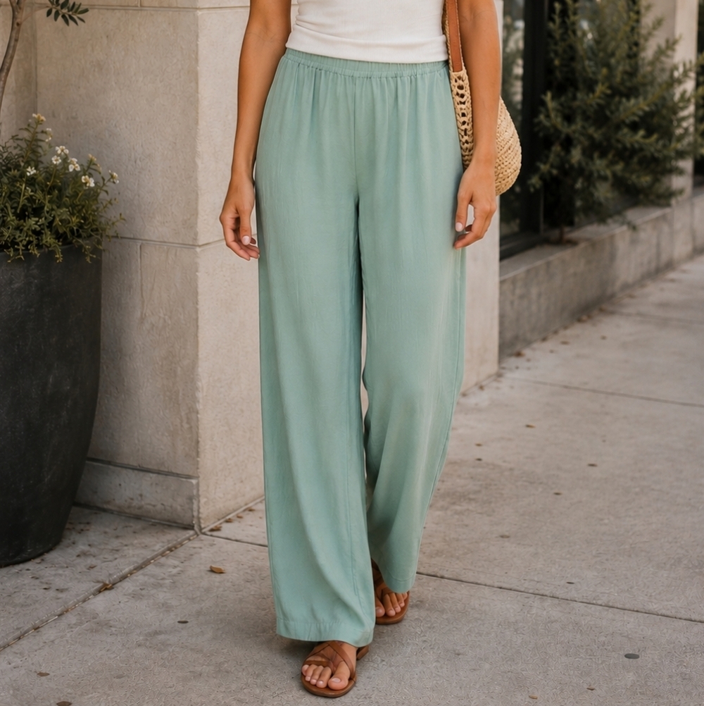 Vintage Mint Green 100% Silk Size 10 High Rise Wide Leg Pull-On Pants